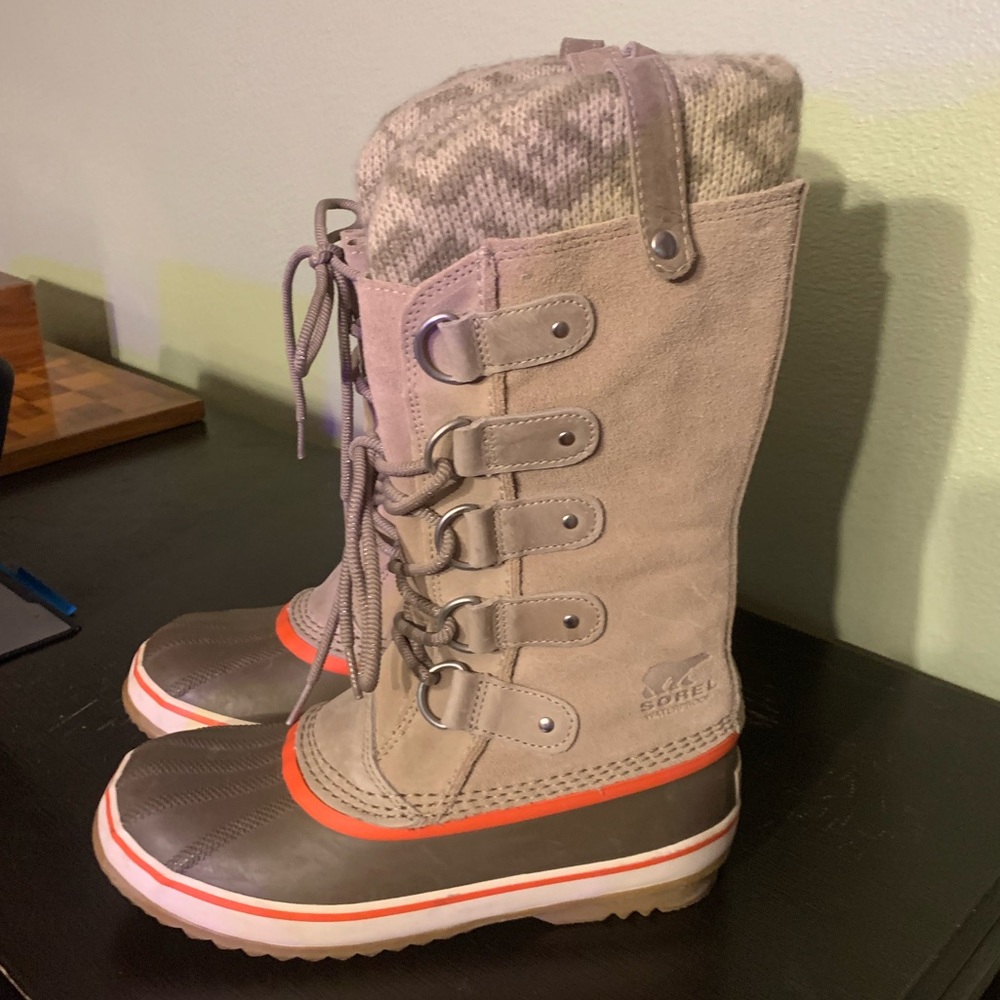 SOREL Joan of Arctic II Fossil Taupe Beige KNIT Suede BOOTS Womens